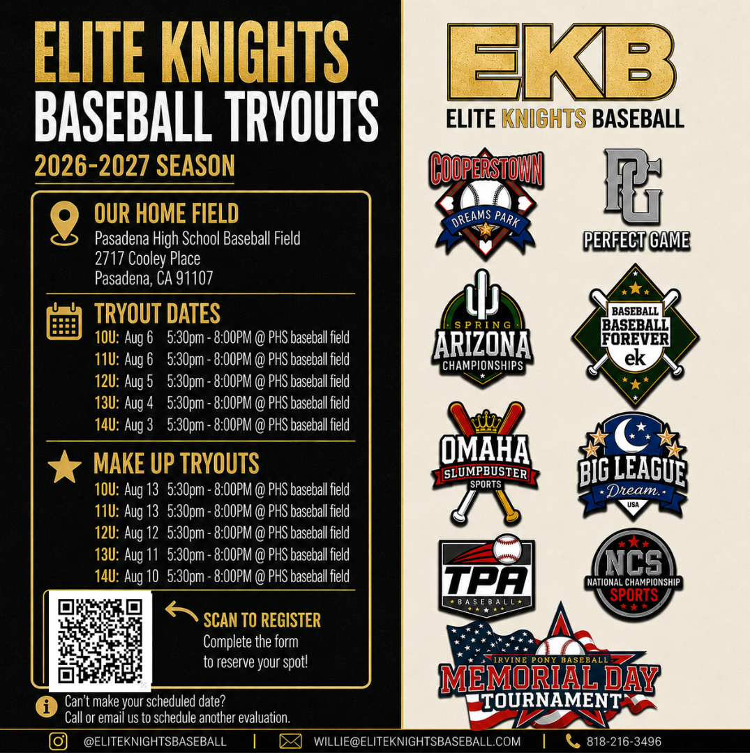 Elite Knights Baseball 2026-2027 Tryouts schedule flyer
